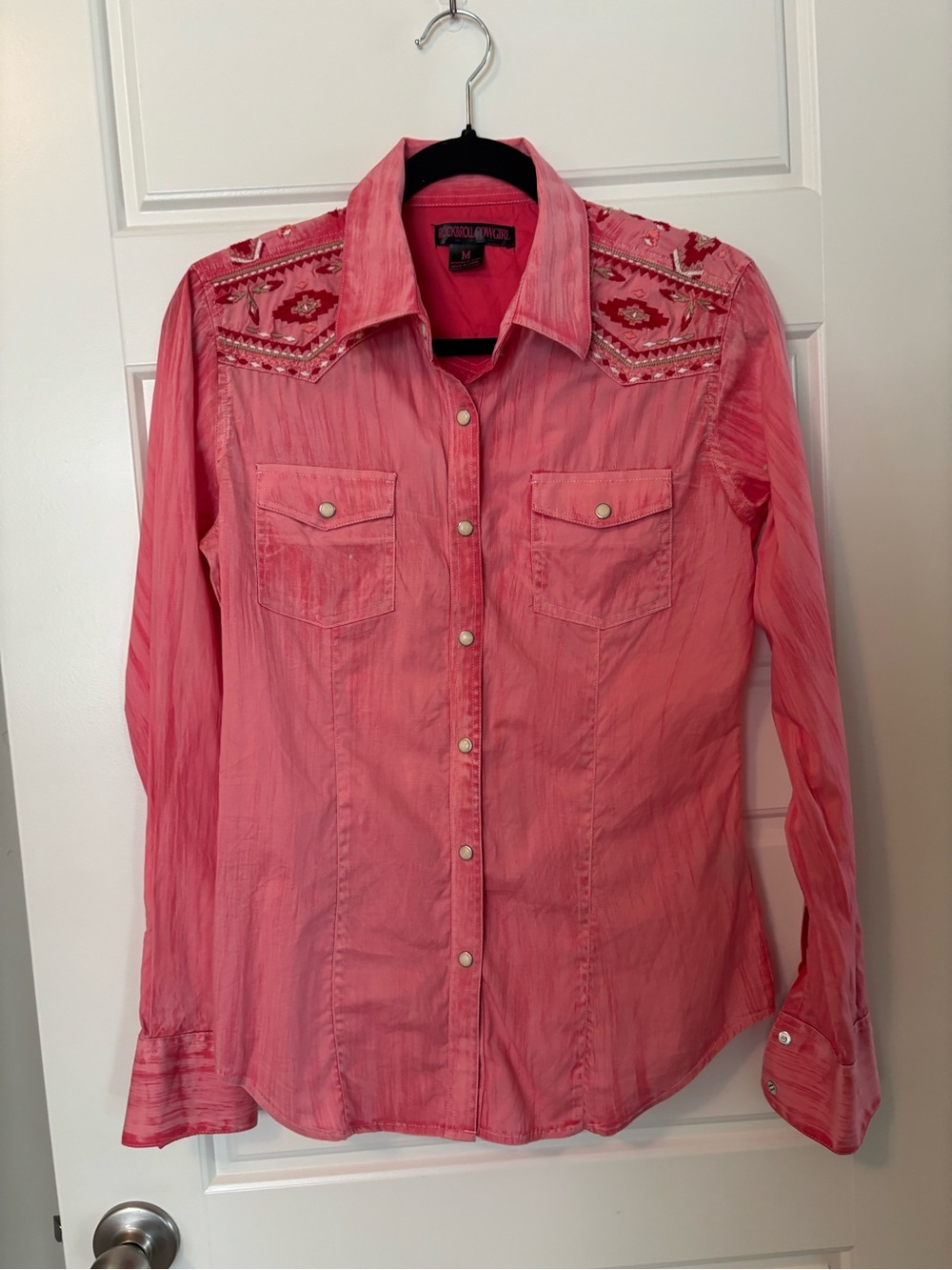 Rock & Roll Cowgirl Pink Embroidered Pearl-Snap Western Shirt